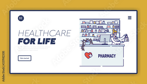 Concept Of Coronavirus. Website Landing Page. Woman Pharmacist Sale Drugs In Protective Mask In Pharmacy For Prevention of Viral Infection. Web Page Cartoon Linear Outline Flat Vector Illustration