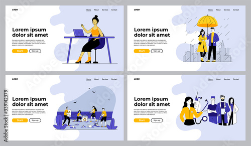 Blogger, couple, volunteers, doctors set. People working at home, visiting doctor. Flat vector illustrations. Lifestyle, job, activity concept for banner, website design or landing web page