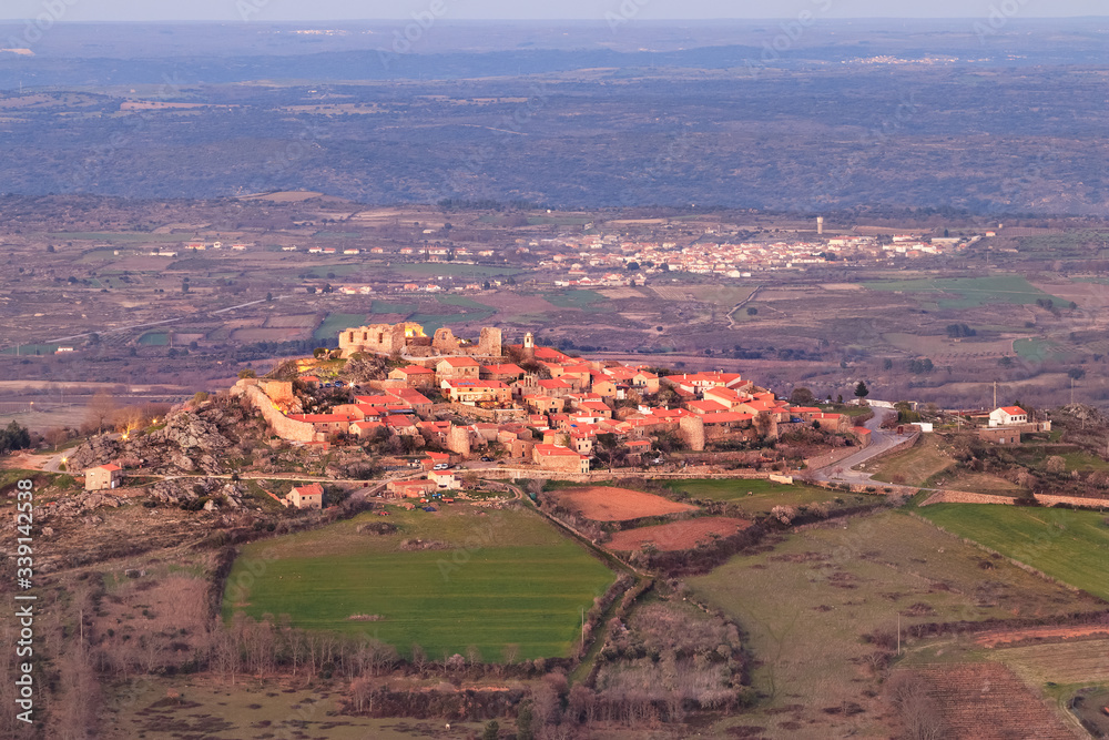Historic village of Castelo Rodrigo, in Portugal, seen at the end of the day from the top of the Serra da Marofa.