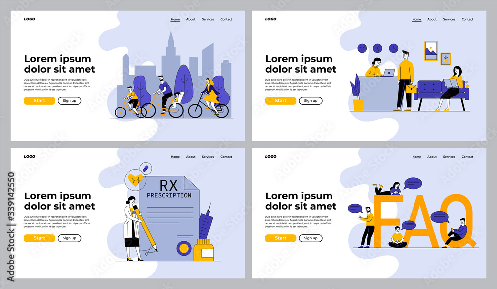 Sport, healthcare, internet activities set. Family riding bikes, doctor, faq. Flat vector illustrations. Communication, lifestyle concept for banner, website design or landing web page