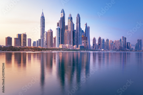 Dubai Marina and famous Jumeirah beach at sunrise  United Arab Emirates