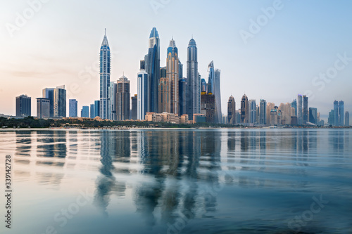 Dubai Marina and famous Jumeirah beach at sunrise, United Arab Emirates