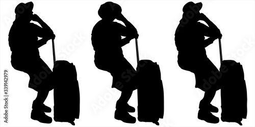 Vector illustration three women in hats sit one after another in the same line. Retired on the road. Passengers transport. Woman with a suitcase on wheels. Black shadows on a white isolated background