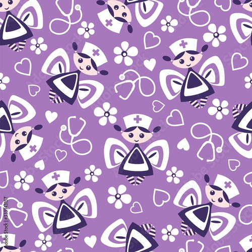 Fototapeta Naklejka Na Ścianę i Meble -  Seamless pattern with little fairie bee nurse, with a stethoscopes, small white flowers and little hearts. Vector illustration. For medical.