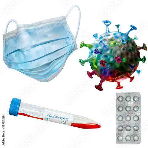Set of model coronavirus, protective mask, microbiological tube and pills blister