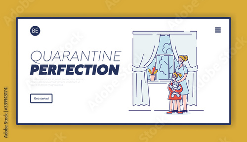 Concept Of Self Isolation During Quarantine Coronavirus Epidemic. Website Landing Page. Mother And Daughter Stay At Home On Quarantine. Web Page Cartoon Linear Outline Flat Style. Vector Illustration