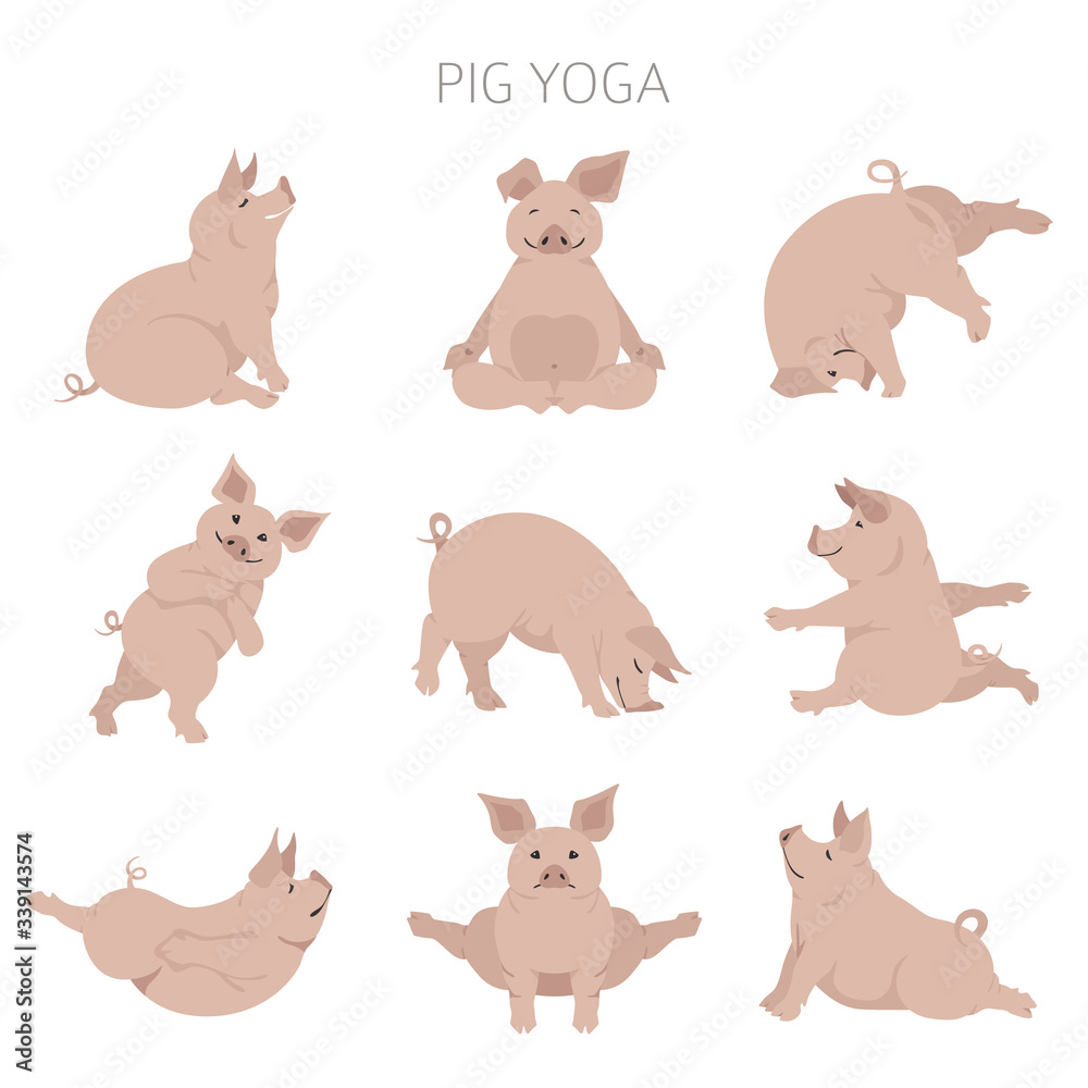 Pig yoga poses and exercises. Cute cartoon clipart set Pig yoga poses and exercises. Cute cartoon clipart set