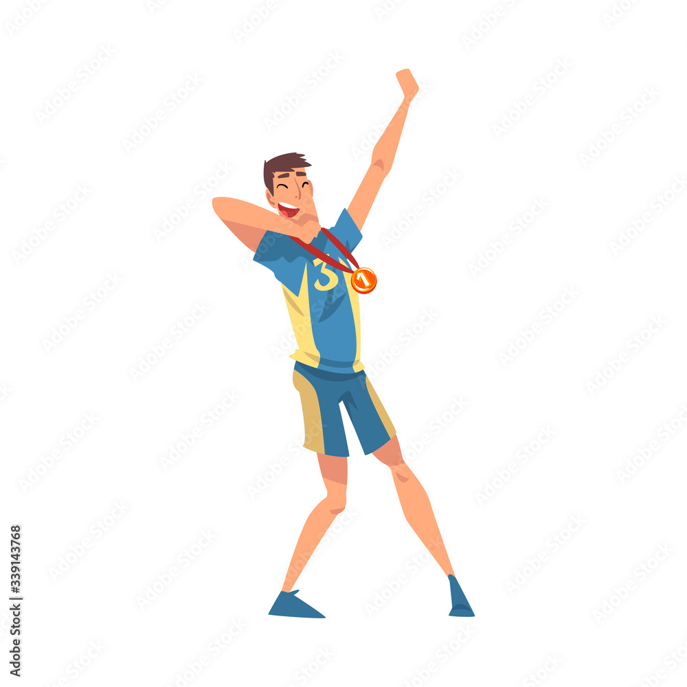 Fototapeta premium Happy Sportsman with Medal, Male Athlete in Uniform Celebrating His Victory Vector Illustration