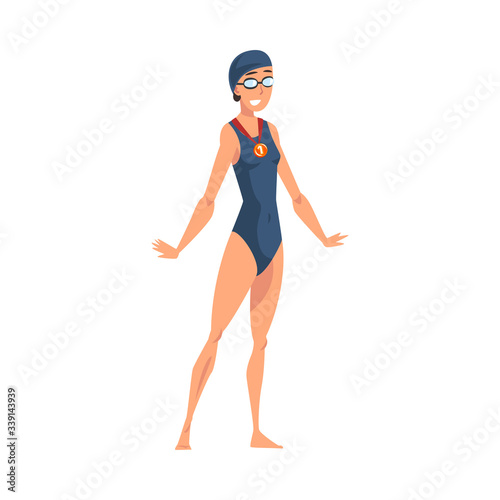Smiling Girl Swimmer Posing with Medal, Happy Female Athlete in Swimsuit Celebrating Her Victory Vector Illustration
