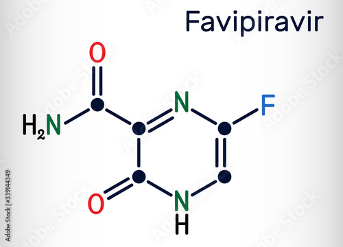 Favipiravir, C5H4FN3O2 molecule. It is antiviral medication, has activity against RNA viruses, avian influenza, Ebola virus, Lassa virus, COVID-19. Structural chemical formula photo