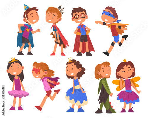 Happy Girls and Boys Dressed as Fairytale Heroes Collection, Cute Kids Playing Dress Up Game Cartoon Vector Illustration