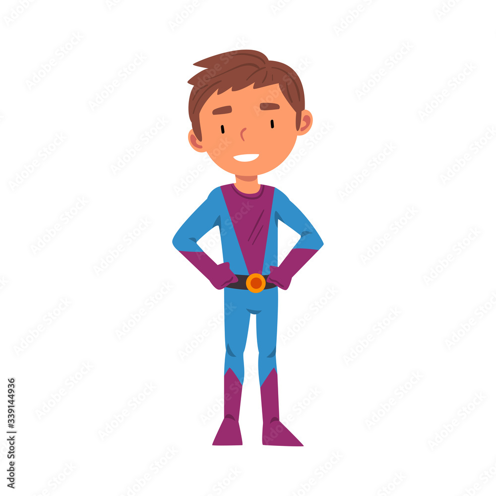 Boy Wearing Superhero Carnival Costume, Cute Kid Playing Dress Up Game Cartoon Vector Illustration