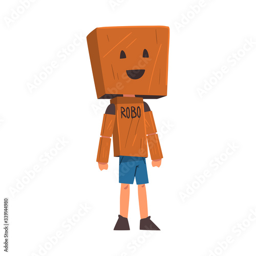 Boy Playing Robot with Cardboard Box on his Head, Cute Kid Playing Dress Up Game Cartoon Vector Illustration