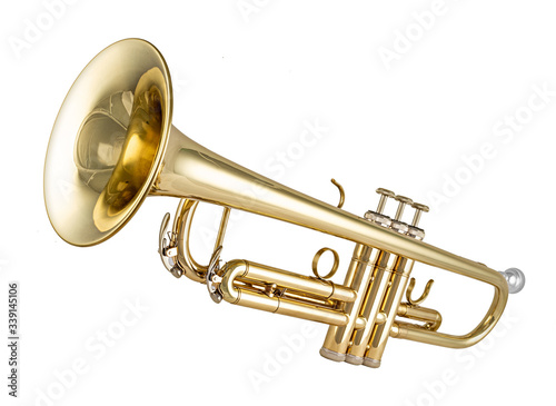 Photo Golden shiny new metallic brass trumpet music instrument isolated white background