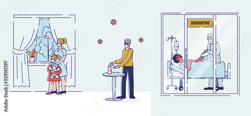 Concept Of Quarantine During Coronavirus Epidemic. People Stay At Home During Quarantine To Prevent Infection Spreading. Doctor Vaccinate Sick Patient. Cartoon Linear Outline Flat Vector Illustration