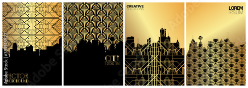 Set of banner templates. Retro Luxury City concept. Tall buildings background. Downtown trip. Retro elegant design with