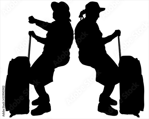 Vector illustration two women in hats sit with their backs to each other. Retired on the road. Two older girlfriends. Woman with a suitcase on wheels. Black shadows on a white isolated background.