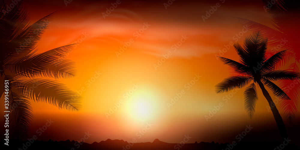 Desert landscape scene. Palm trees. Vector illustration