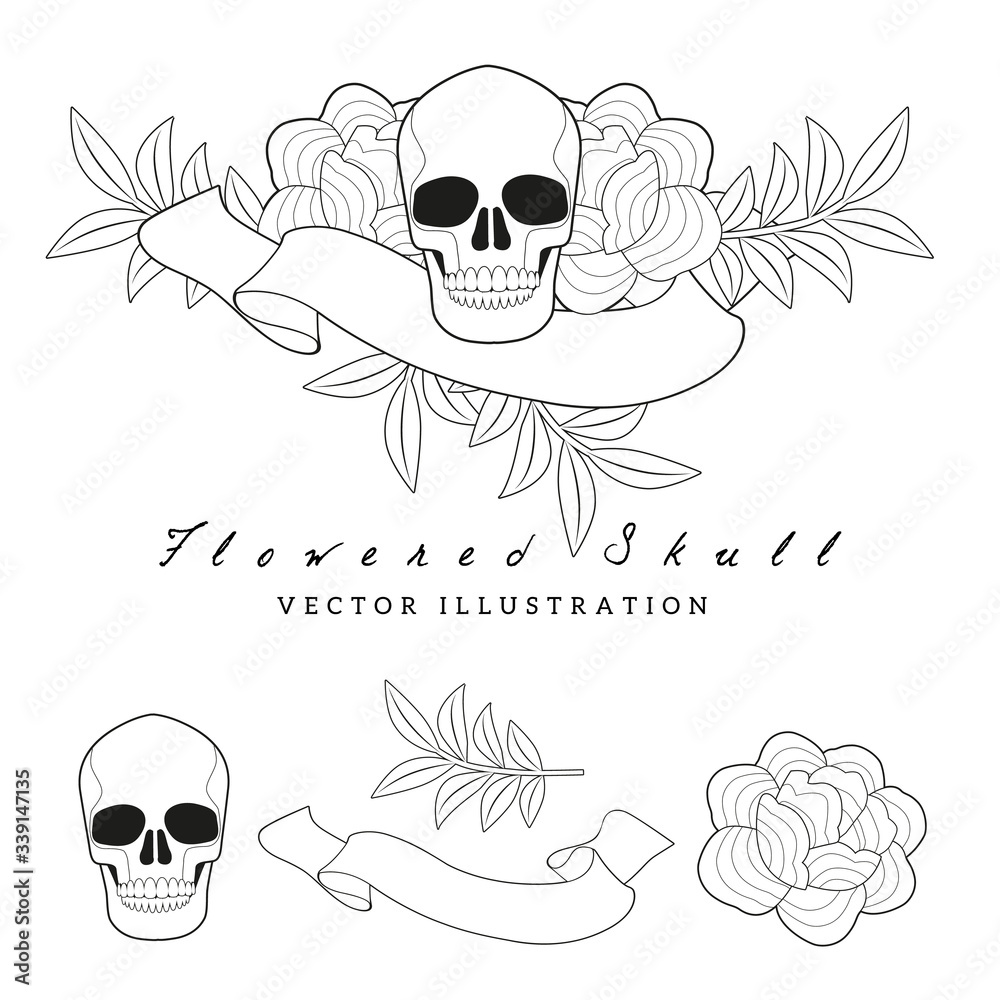 Fototapeta premium Flowers inspired by the embroidery of the oriental shawls, skull and blank banner for text