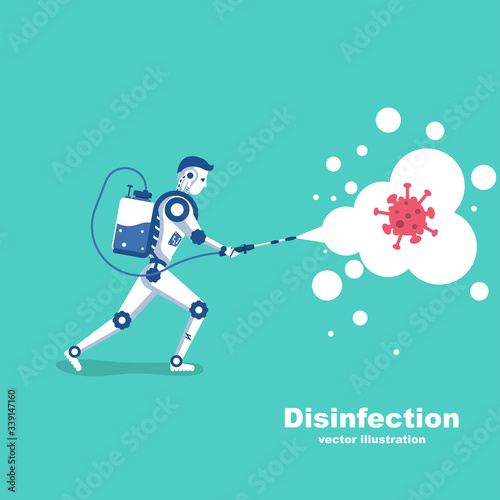The robot kills the coronavirus bacterium. Disinfection concept. Technologies human security. Spray bottle disinfects. Ai saves humanity from covid-19. Spraying antibacterial. Vector flat design.