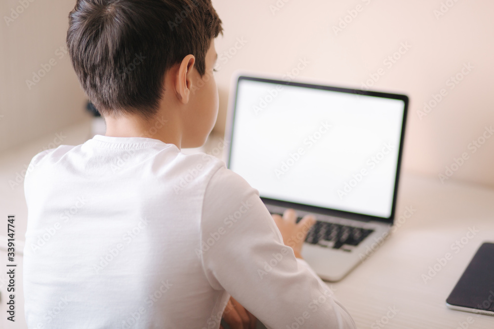 Schoolboy at home using laptop when studying. Teenage boy make homework on quarantine. Mockup Schoolboy at home using laptop when studying. Teenage boy make homework on quarantine. Mockup
