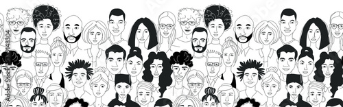 Decorative diverse women's men's head seamless border background. Multiethnic gruop