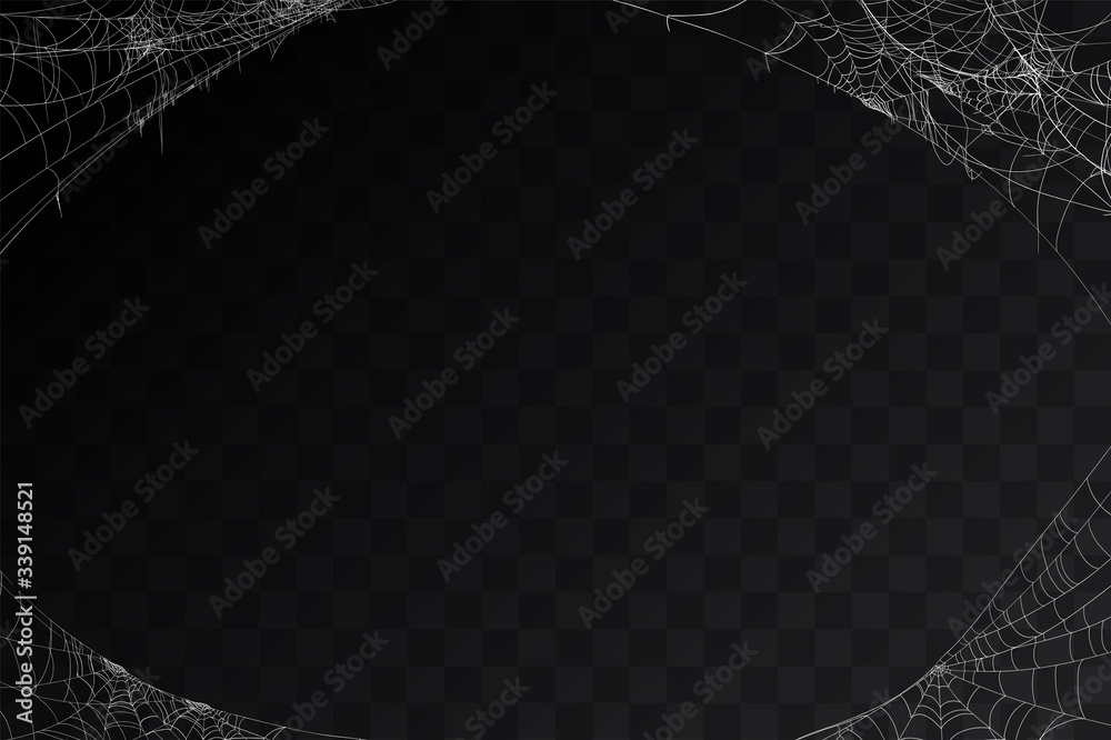 Vector realistic set of siderweb or cobweb, isolated on black, transparent background. Spiderweb in the corner for Halloween design. Spider web elements,spooky, scary, horror halloween decor.