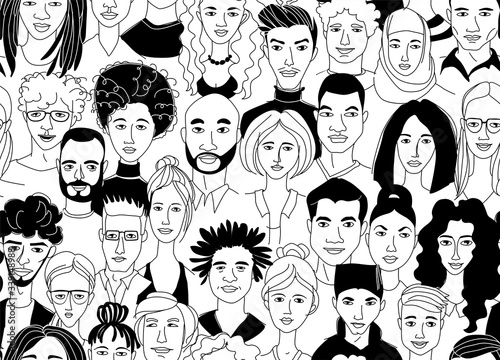 Decorative diverse women's men's head seamless pattern background. Multiethnic gruop
