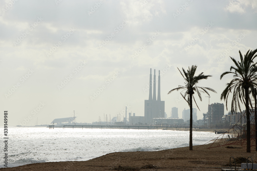 Barceloneta beach at sunrise in Barcelona, Spain
