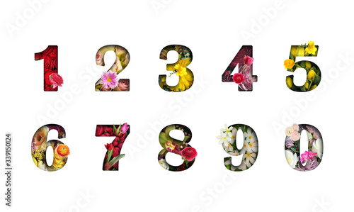 Numbers made of flowers on white background