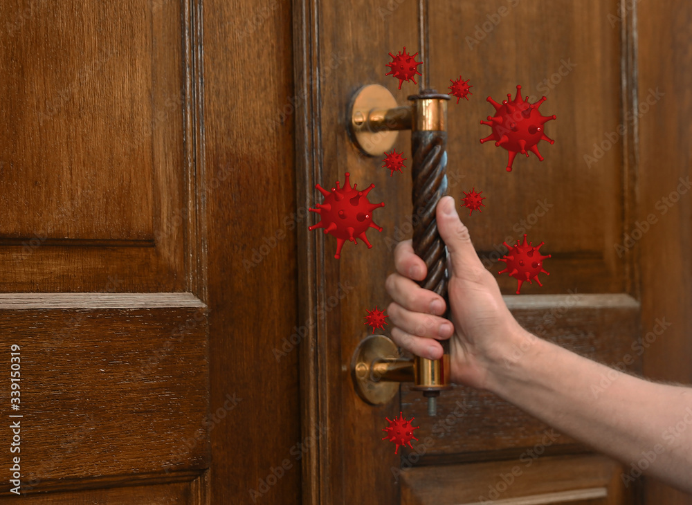 Ταπετσαρία Abstract illustration of virus and man opening wooden door, closeup
