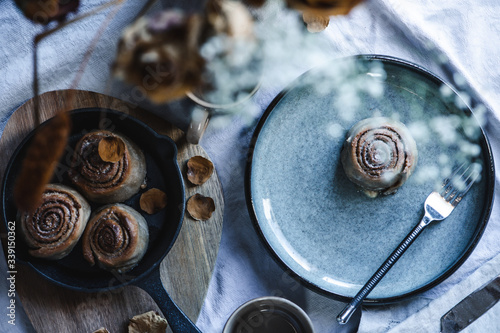 Cinnamon rolls on a table