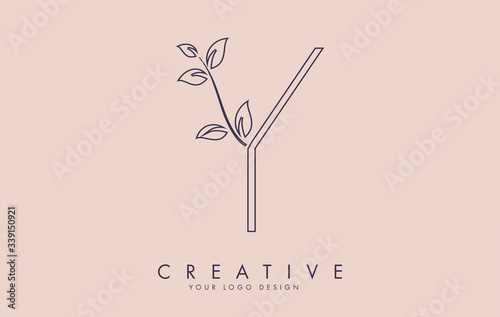 Outline Leaf Letter Y Logo Design with Leaves on a Branch and Pink Background. Letter Y with nature concept.