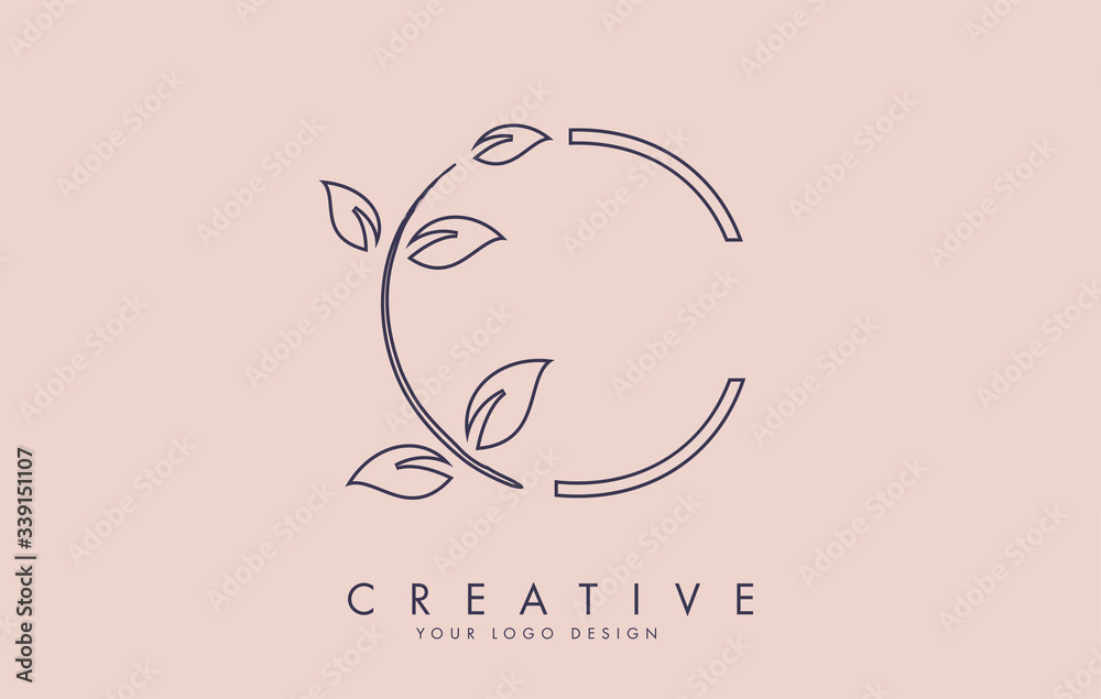 Outline Leaf Letter C Logo Design with Leaves on a Branch and Pink Background. Letter C with nature concept. Outline Leaf Letter C Logo Design with Leaves on a Branch and Pink Background. Letter C with nature concept.