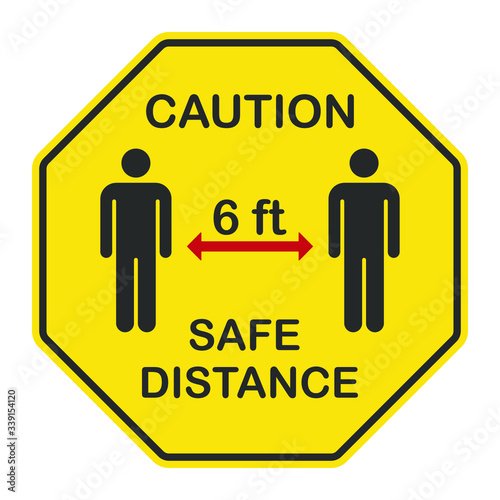 Keep safe distance yellow warning sign. Social distancing poster. Coronavirus covid-19 symbol. Influenza pandemic logo. Isolated on white background. Vector illustration image.
