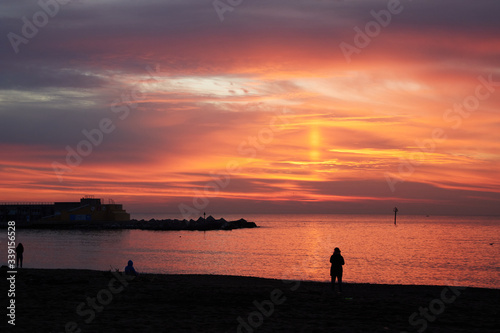 Barceloneta beach at sunrise in Barcelona, Spain