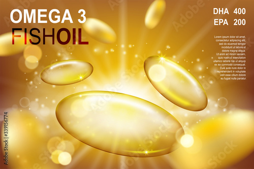 Realistic flyeing Fish oil capsules ads template, omega-3 or vitamin E softgel capsule on golden background. Vector 3D illustration.