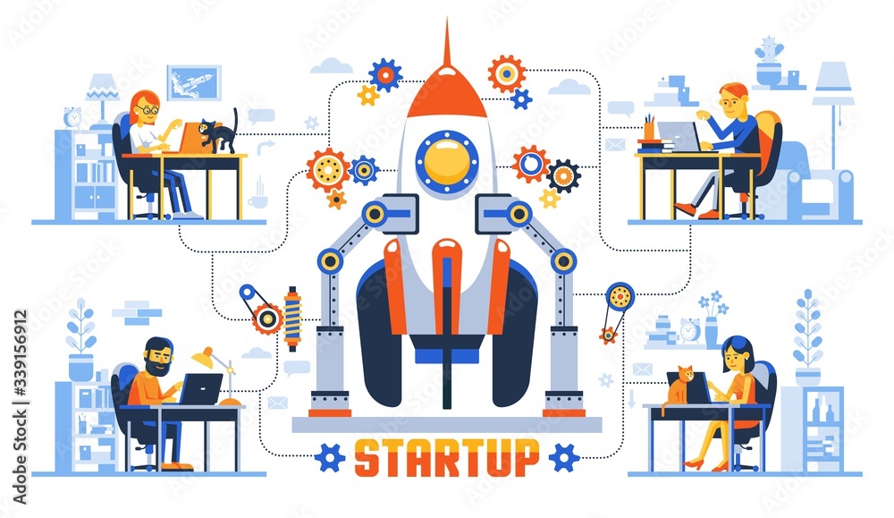Working remotely creative concept with startup rocket and developers team with laptop. Vector illustration. Working remotely creative concept with startup rocket and developers team with laptop. Vector illustration.