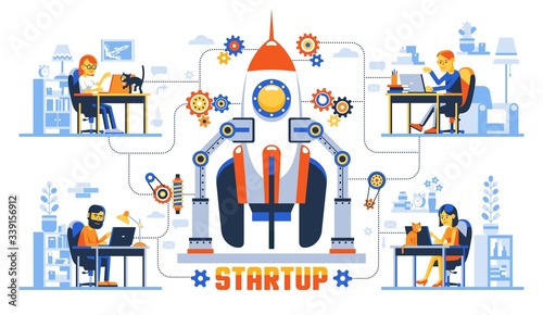Working remotely creative concept with startup rocket and developers team with laptop. Vector illustration.