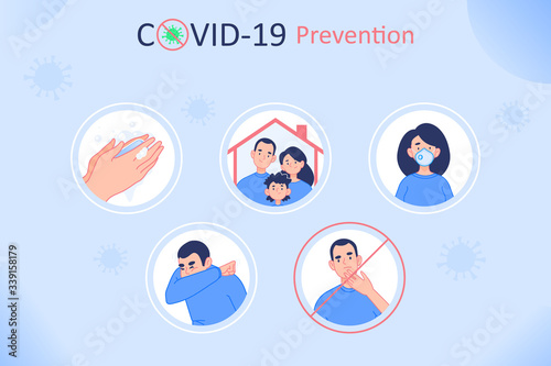 Coronavirus COVID-19 Prevention informative poster. Five basic rules to protect. Wash your hands often, Wear a mask, Cough into elbow, Do not touch face and Stay home, infographics vector