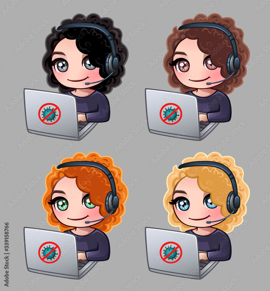 Curly women with headphones and laptop work at home Curly women with headphones and laptop work at home