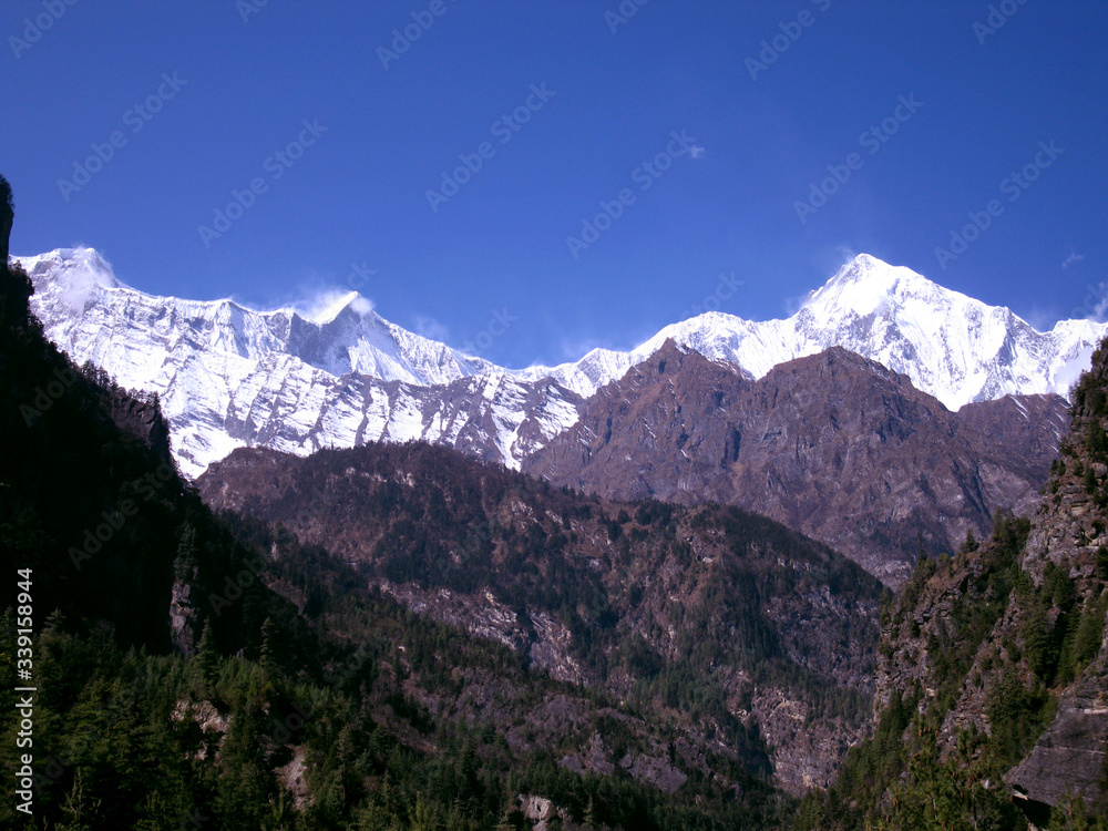 mountain landscape with blue sky in Nepal