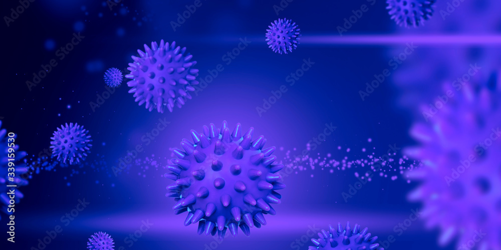Samples of covid-19 virus close-up on a blue background.  macro shot of  behavior of the virus in  blood of infected patient. Copy space