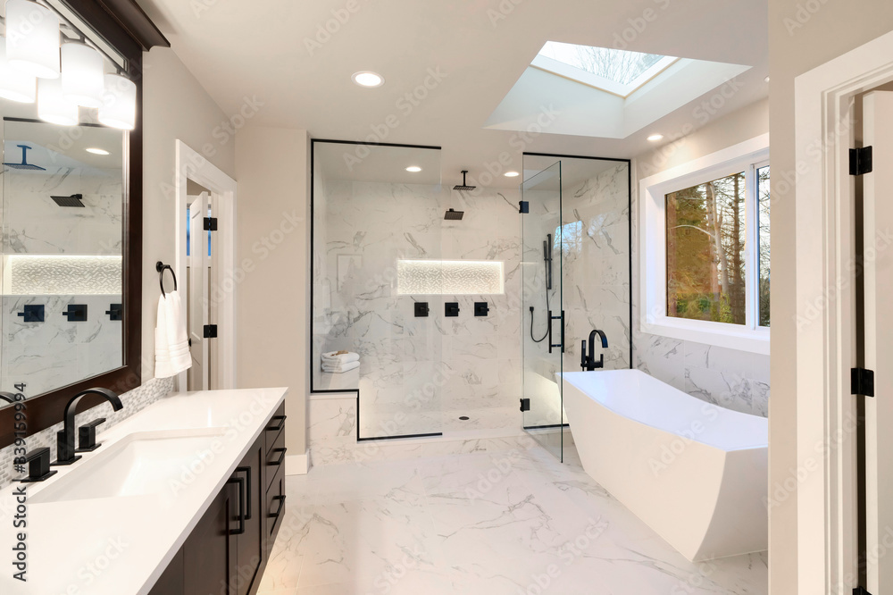 Interior Of A Luxury Bathroom With Stand Up Shower And Tub Stock