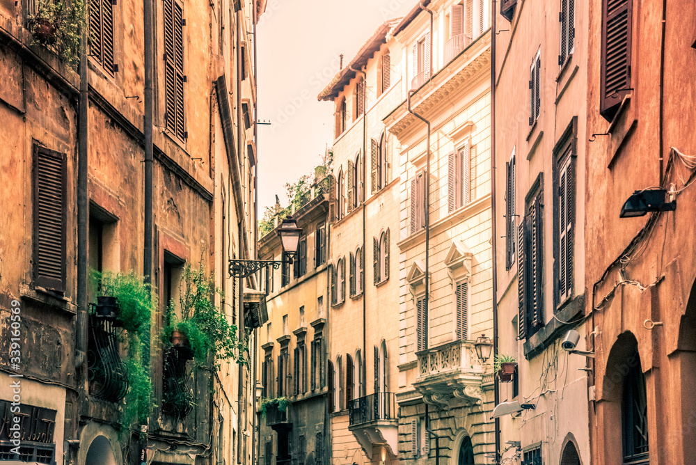 Residential houses of Rome. Old town buildings. Street view. Rome, Italy