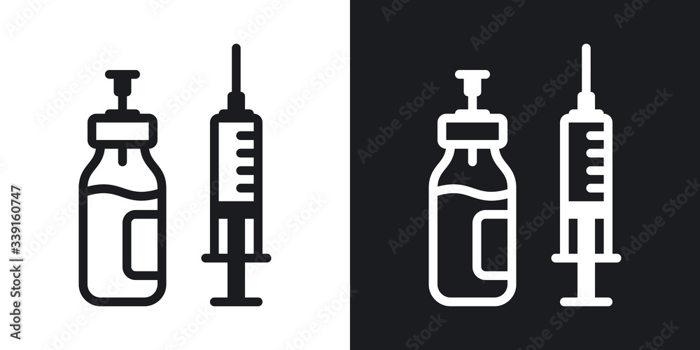 Vaccine bottle with syringe icon. Medical injection or vaccination concept. Simple two-tone vector illustration on black and white background Vaccine bottle with syringe icon. Medical injection or vaccination concept. Simple two-tone vector illustration on black and white background