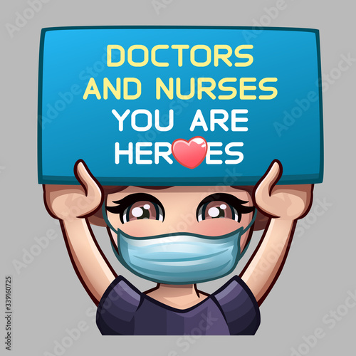 Girl in medical mask holding sign with message