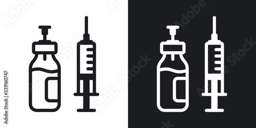 Vaccine bottle with syringe icon. Medical injection or vaccination concept. Simple two-tone vector illustration on black and white background