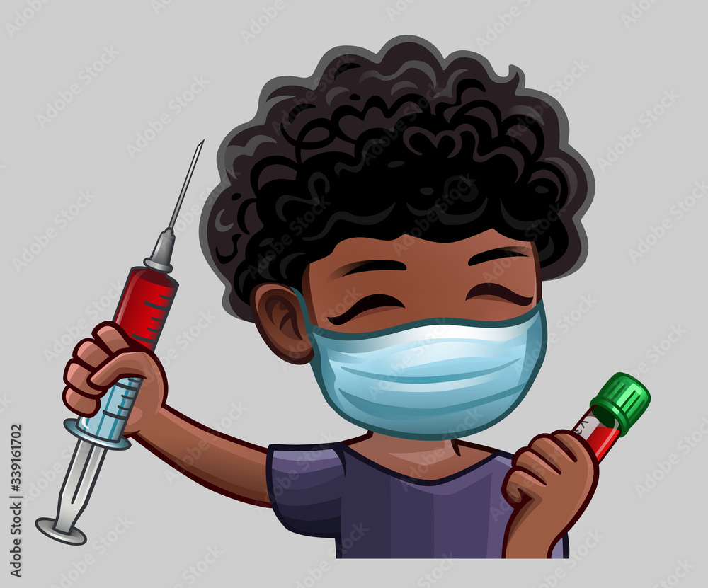 Man happy in medical mask with syringe. Vector illustration Man happy in medical mask with syringe. Vector illustration