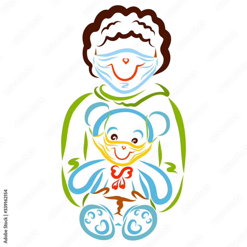 baby and bear in smiling medical masks baby and bear in smiling medical masks